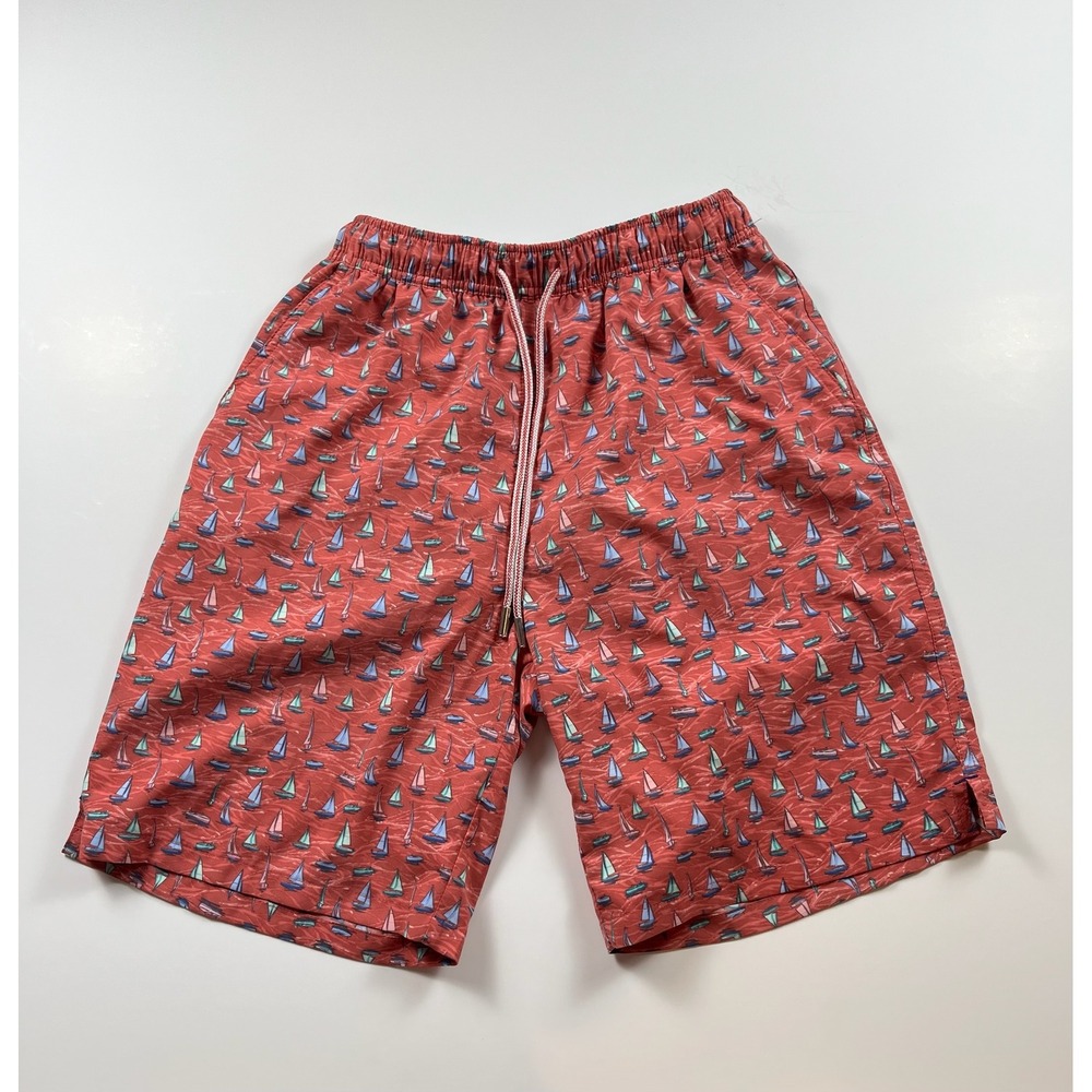 Peter Millar Seaside Collection Sailboat Print Swim Trunks Red Mens Small